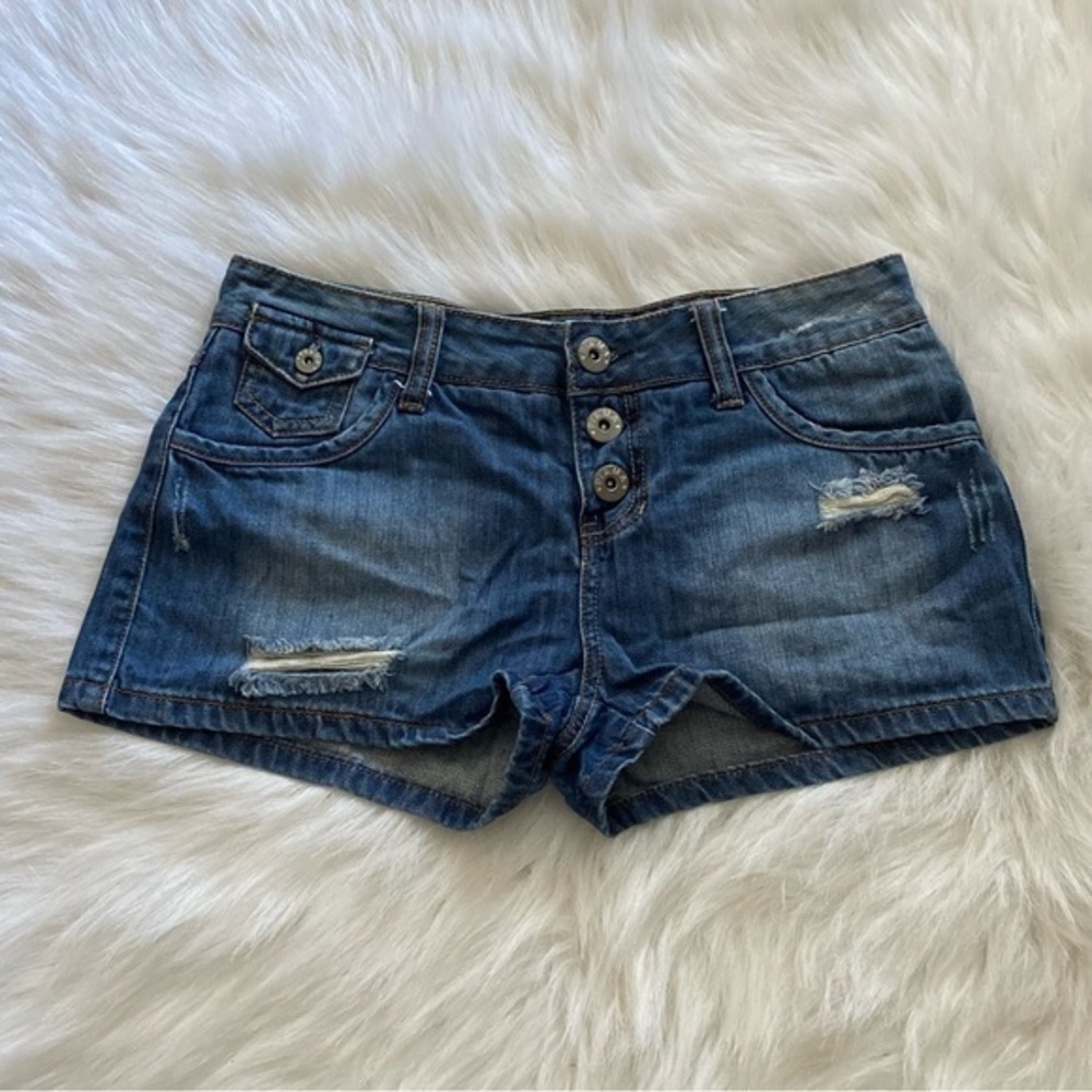 Piama Shorts Women’s Size 7 Junior‎ Button Down Fly Distressed Blue Pocket